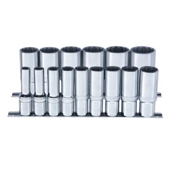 Skinnesæt m/ 12-kant Toppe 1/2" Lang tommer 15 dele